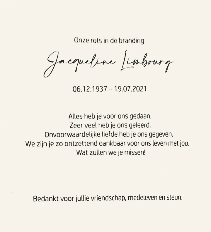 Rouwprentje van Jacqueline Limbourg